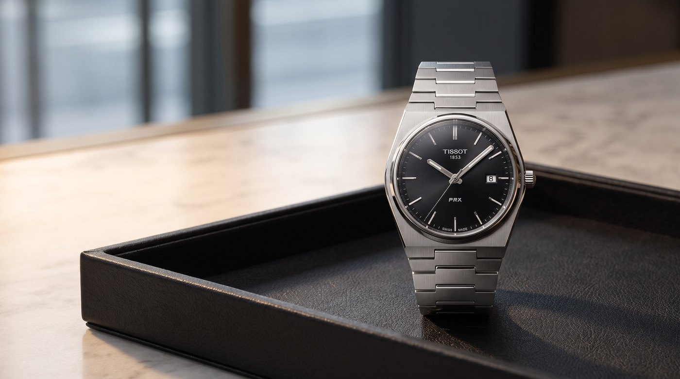 Tissot PRX 40 mm quartz cadran noir sur un plateau de presentation, vue d'illustration