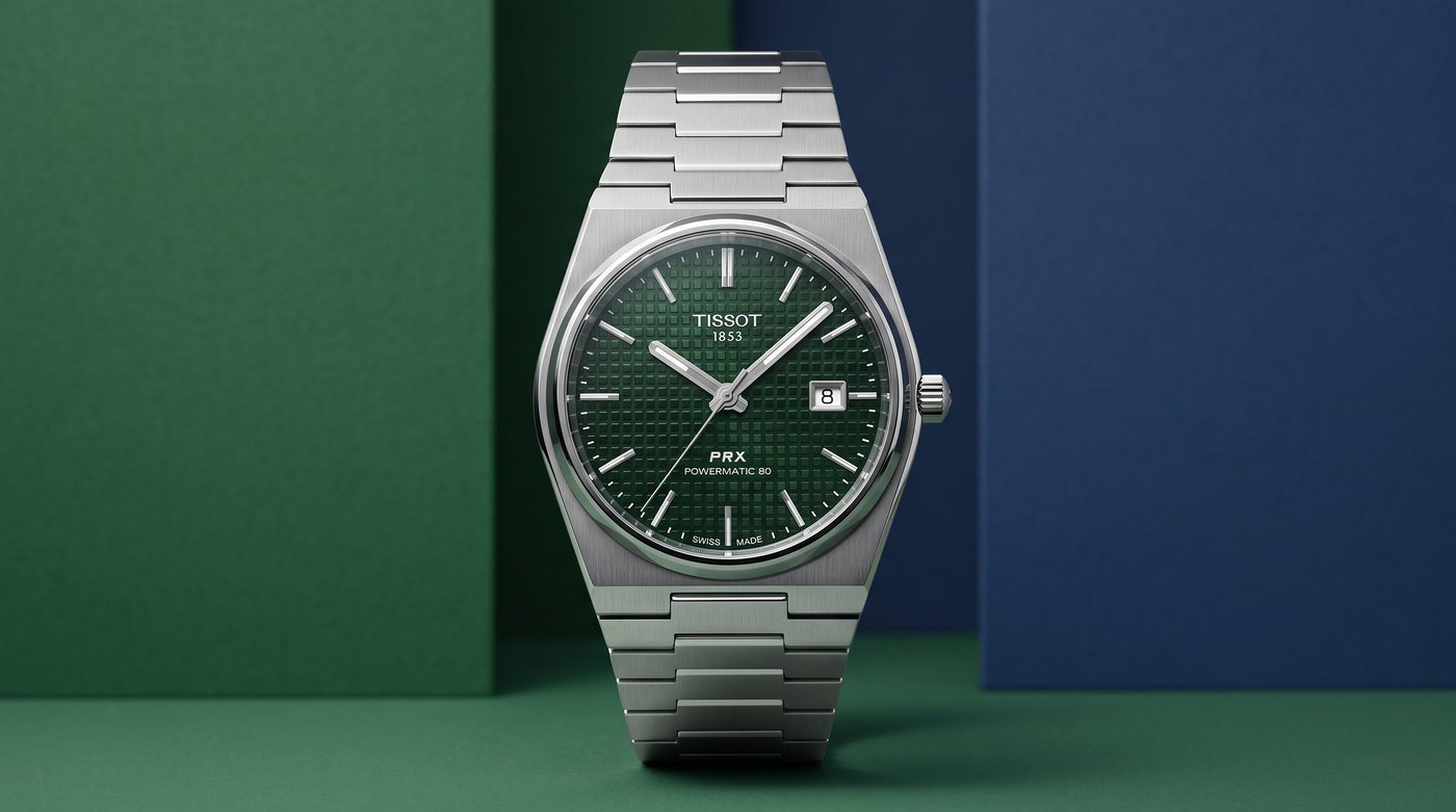 Tissot PRX Powermatic 80 40 mm cadran vert entre un aplat vert et un aplat bleu, vue d'illustration