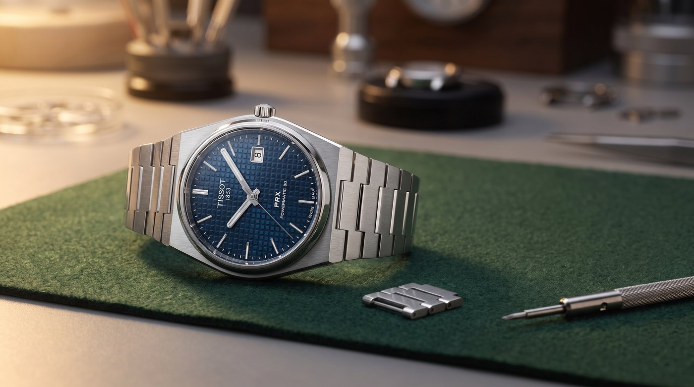 Tissot PRX Powermatic 80 40 mm a l'atelier, chasse-goupilles et maillons de bracelet, vue d'illustration