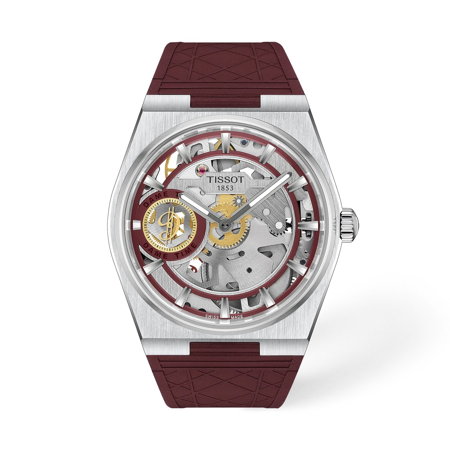 Tissot PRX Skeleton Damian Lillard 44 mm de face, boite tonneau et bracelet integre caoutchouc bordeaux