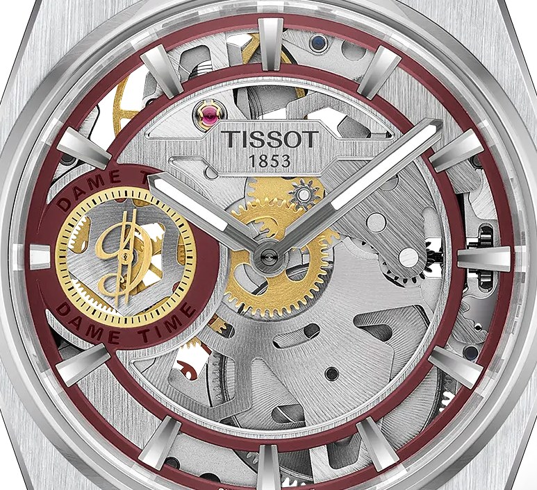 Tissot PRX Skeleton Damian Lillard cadran squelette, anneaux bordeaux, index batons acier et roues dorees