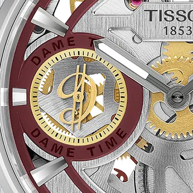 Tissot PRX Skeleton Damian Lillard petite seconde doree en forme de D barre et cercle bordeaux Dame Time