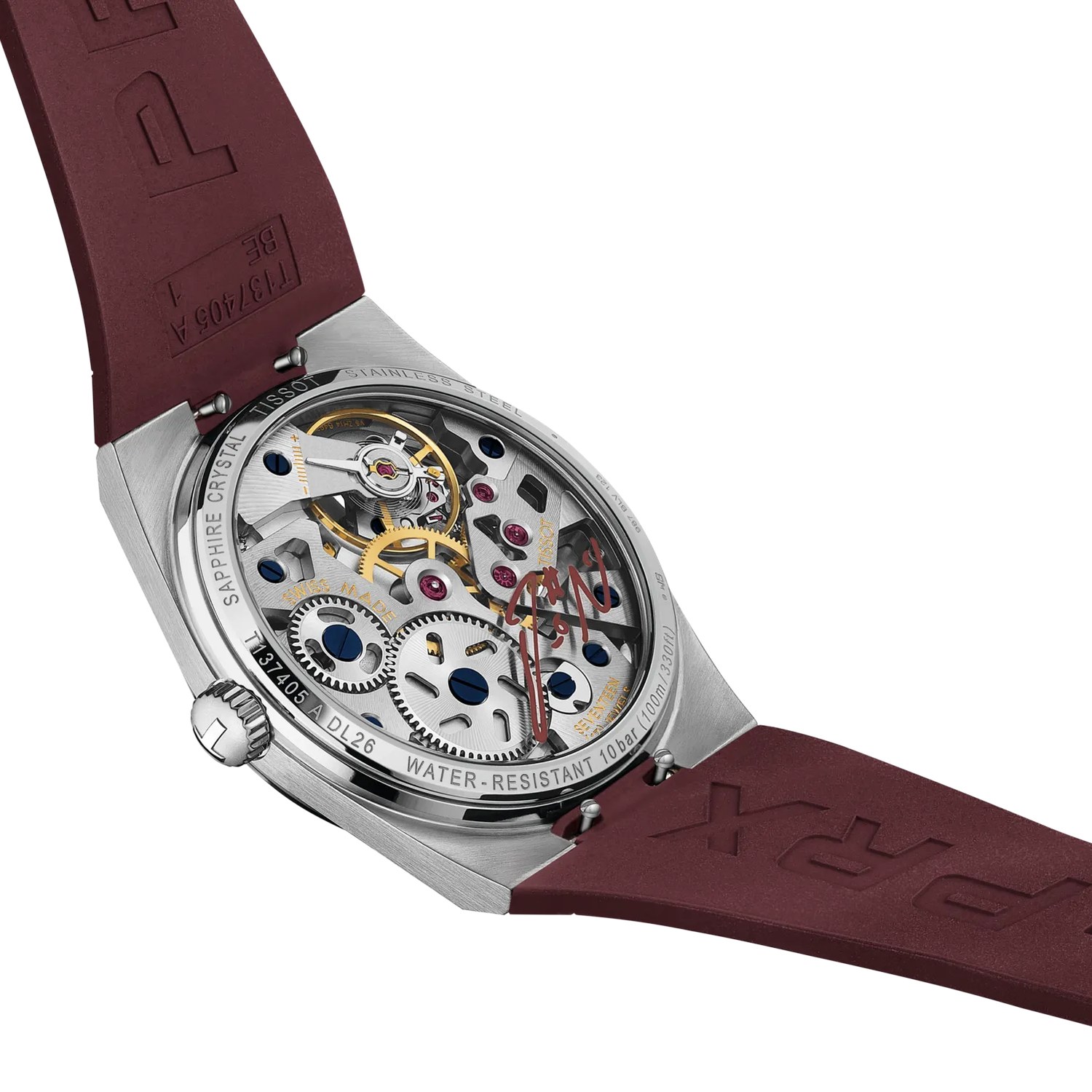 Tissot PRX Skeleton Damian Lillard fond saphir, mouvement a remontage manuel et signature bordeaux