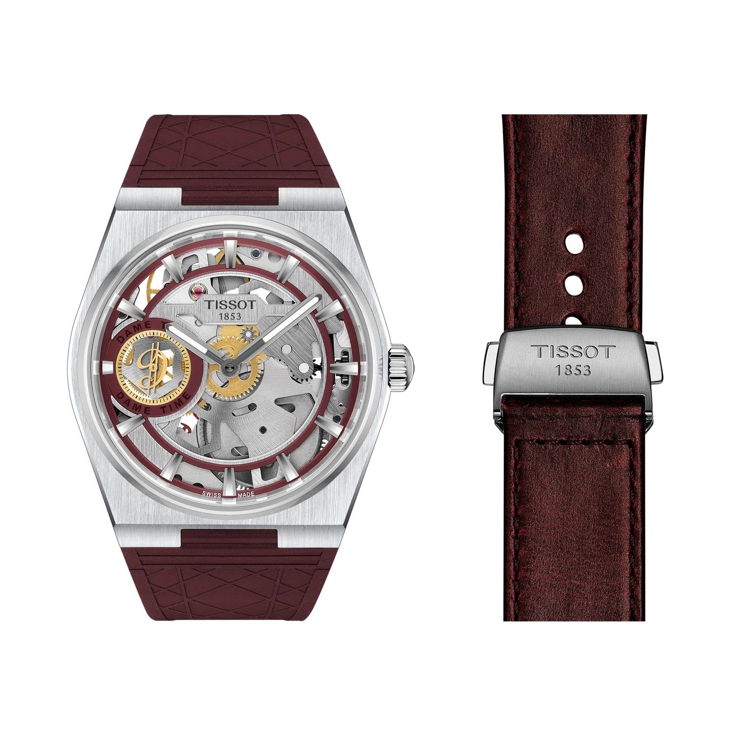 Tissot PRX Skeleton Damian Lillard sur caoutchouc bordeaux et son second bracelet cuir bordeaux a boucle deployante