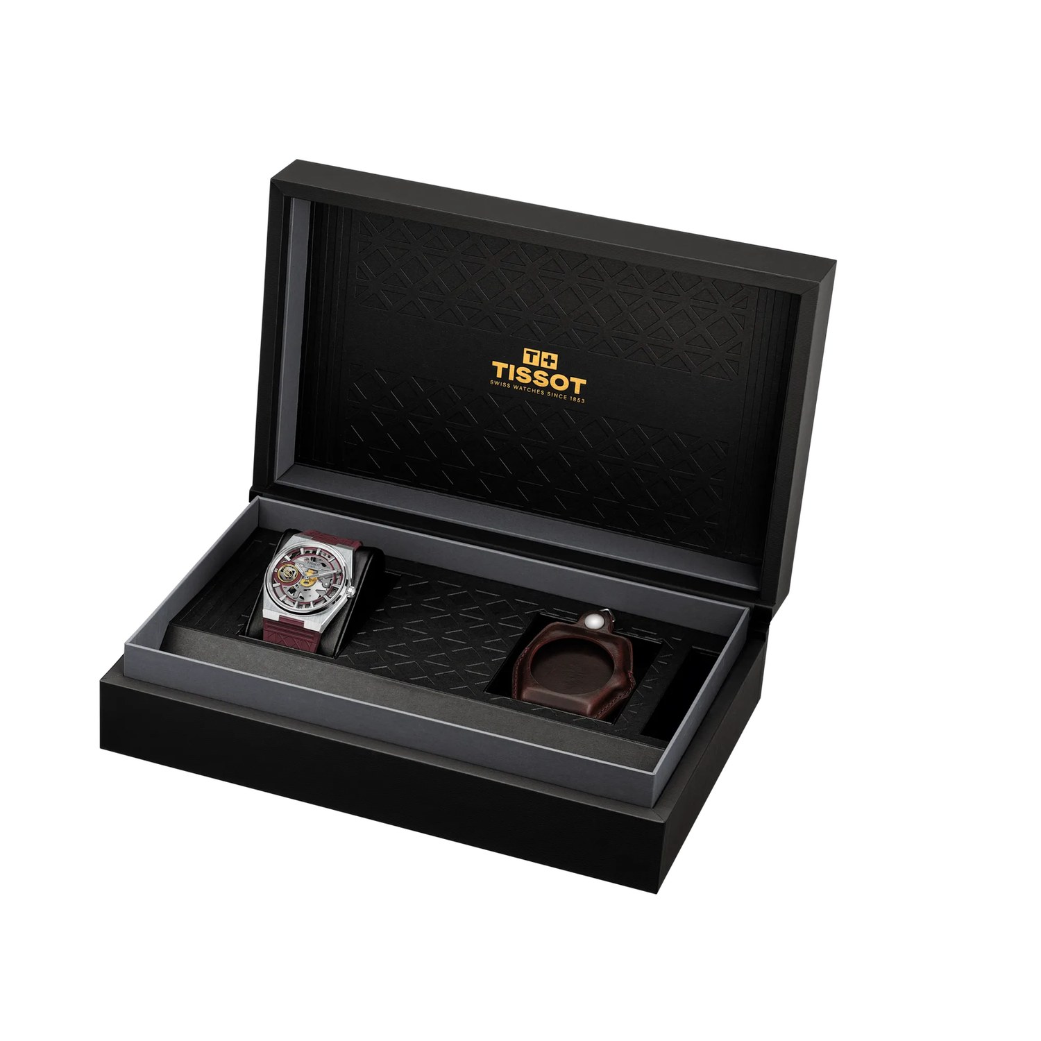 Coffret collector noir de la Tissot PRX Skeleton Damian Lillard avec la montre et son etui en cuir bordeaux