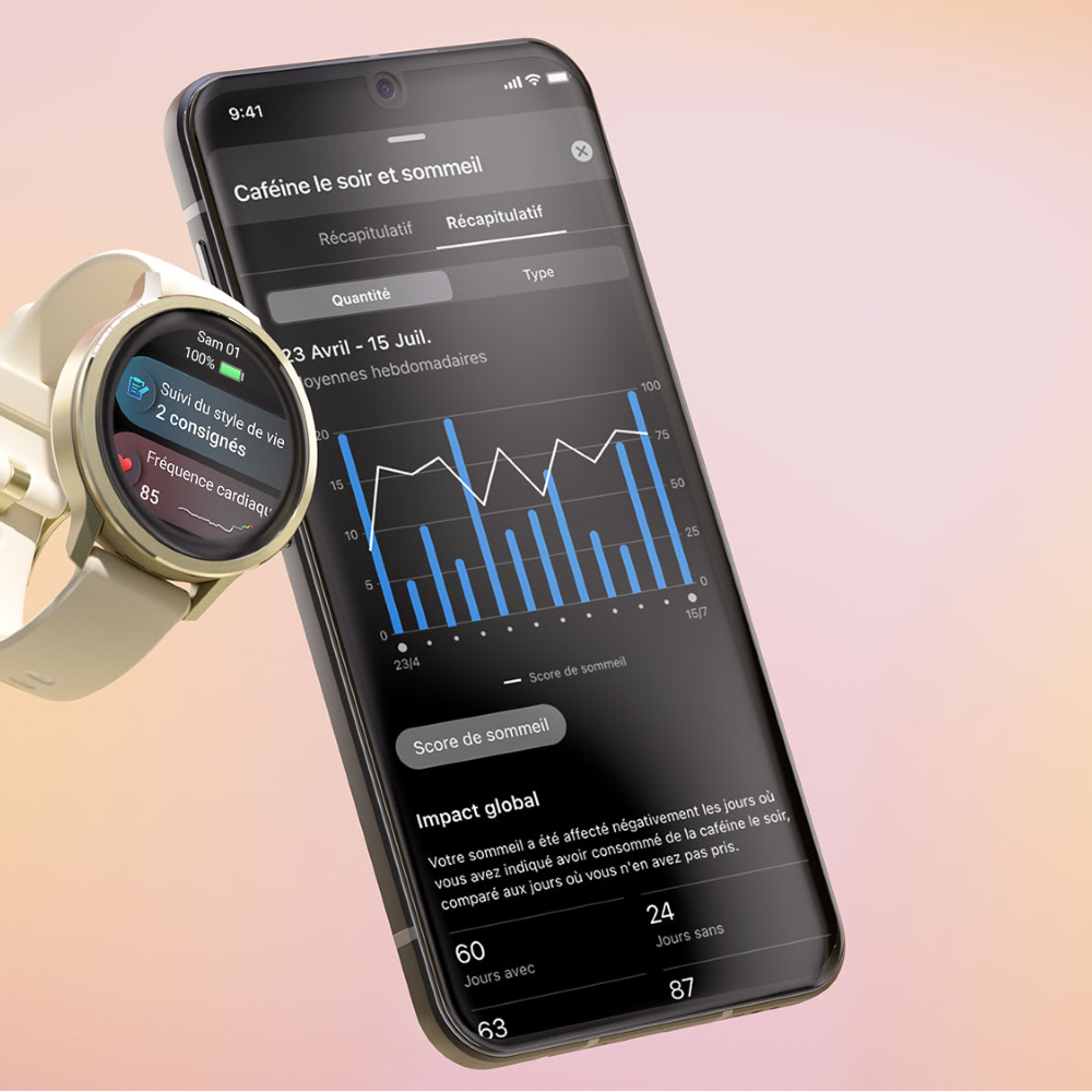 Montre Garmin Venu 4 ivoire avec données santé affichées sur smartphone